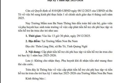 Thông báo về việc cấp phát tiền hỗ trơ chi phí học tập và tiền hỗ trợ ăn trưa cho trẻ 3-5 tuổi học kỳ 1 năm học 2025-2026